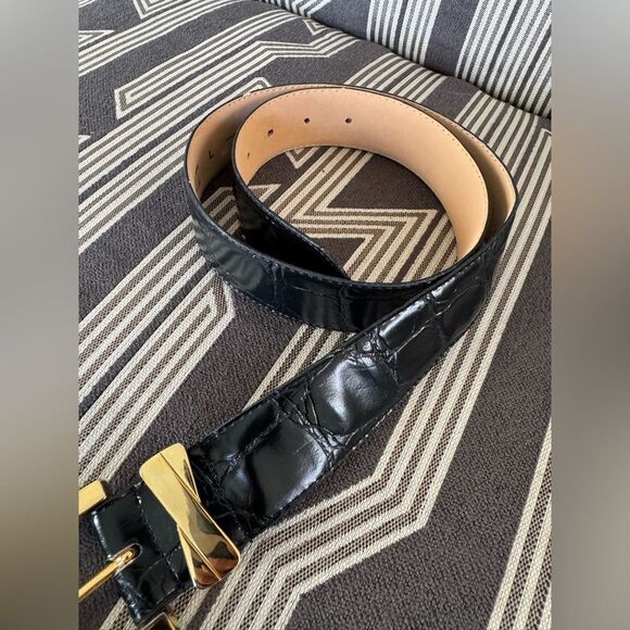 VTG Donna Katz Black Leather Croc Gold Buckle Belt Size L - Picture 6 of 9